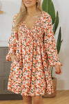 Floral V Neck Bubble Sleeve Babydoll Dress