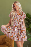 Pink Floral Puff Sleeve Shirred Dress