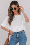 Eyelet Pattern Boat Neck Casual Top