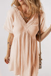 Beige Boho Embroidered V Neck Dress