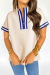 Beige Striped Quarter Zipper Top