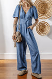 V Neck Short Sleeve Denim Jumpsuit