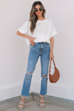 Eyelet Pattern Boat Neck Casual Top