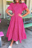 Rose Red Flower Mock Neck Puff Sleeve Tiered Maxi Dress