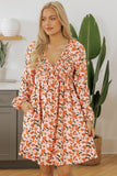 Floral V Neck Bubble Sleeve Babydoll Dress