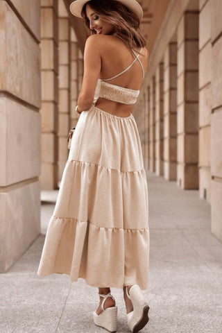 Oatmeal Backless Tiered Maxi Dress