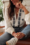 Floral Embroidered Frilled V Neck Blouse