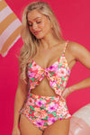 Floral Ruffle Trim Knot Detail One Piece Swimsuit