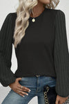 Gray Contrast Ribbed Bishop Sleeve Top