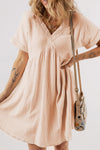 Beige Boho Embroidered V Neck Dress