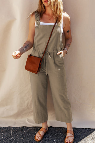Sage Drawstring Buttoned Strap Cropped Overall
