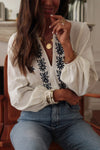 Floral Embroidered Frilled V Neck Blouse