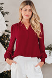 Burgundy Shirred Cuff Long Sleeve Blouse
