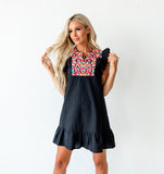 Boho Pompom Sleeve Shift Dress - Black