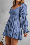 Boho Ruffled Smock Dress - Blue