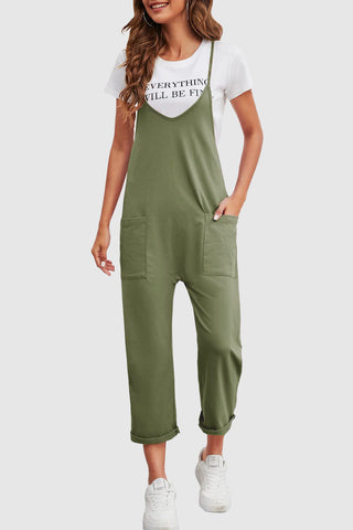 Spaghetti Strap Pocketed Jumpsuit - Olive