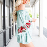 Bohemian Embroidered Sleeve Romper - Sage